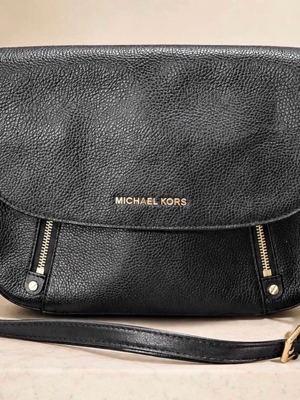 Michael Kors Black Pebbled Leather Saddle Crossbody with Gold Hardware